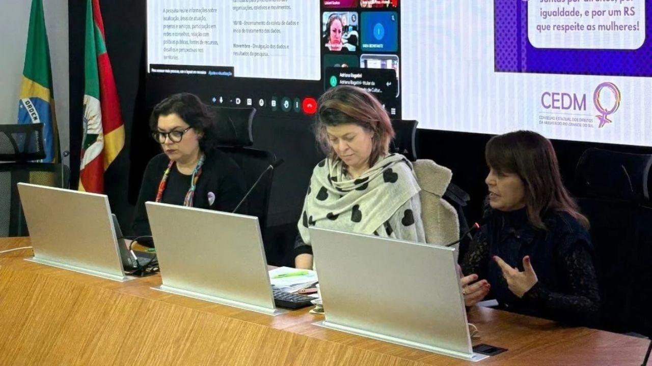 Da esquerda para a direita: Renata Teixeira, coordenadora da Pesquisa; Nat&aacute;lia Fetter, presidente do CEDM-RS, e Ana L&uacute;cia Maciel, diretora de Programas da Funda&ccedil;&atilde;o Gera&ccedil;&otilde;es.