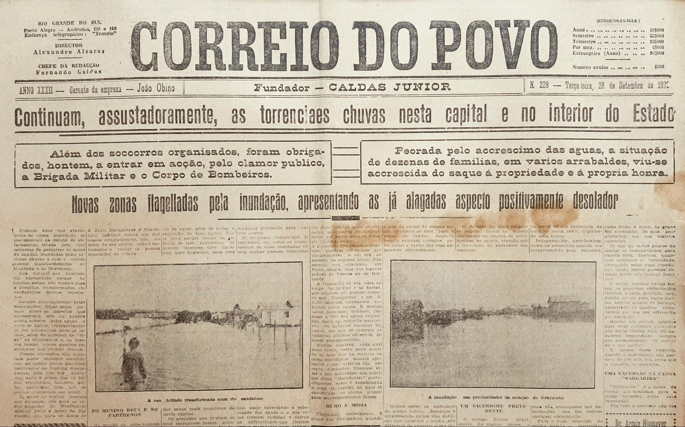 A eleva&ccedil;&atilde;o das &aacute;guas do arroio Dil&uacute;vio trouxe risco de morte para diversos moradores dos atuais bairros Santana e Azenha