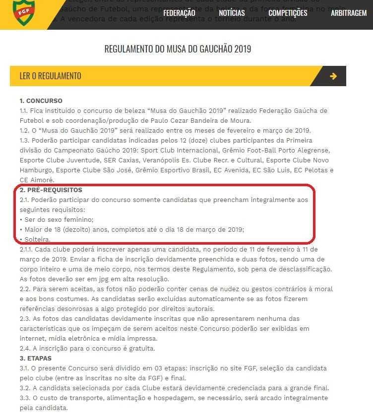 Parte do regulamento do concurso Musa do Gauch&atilde;o divulgado pela FGF