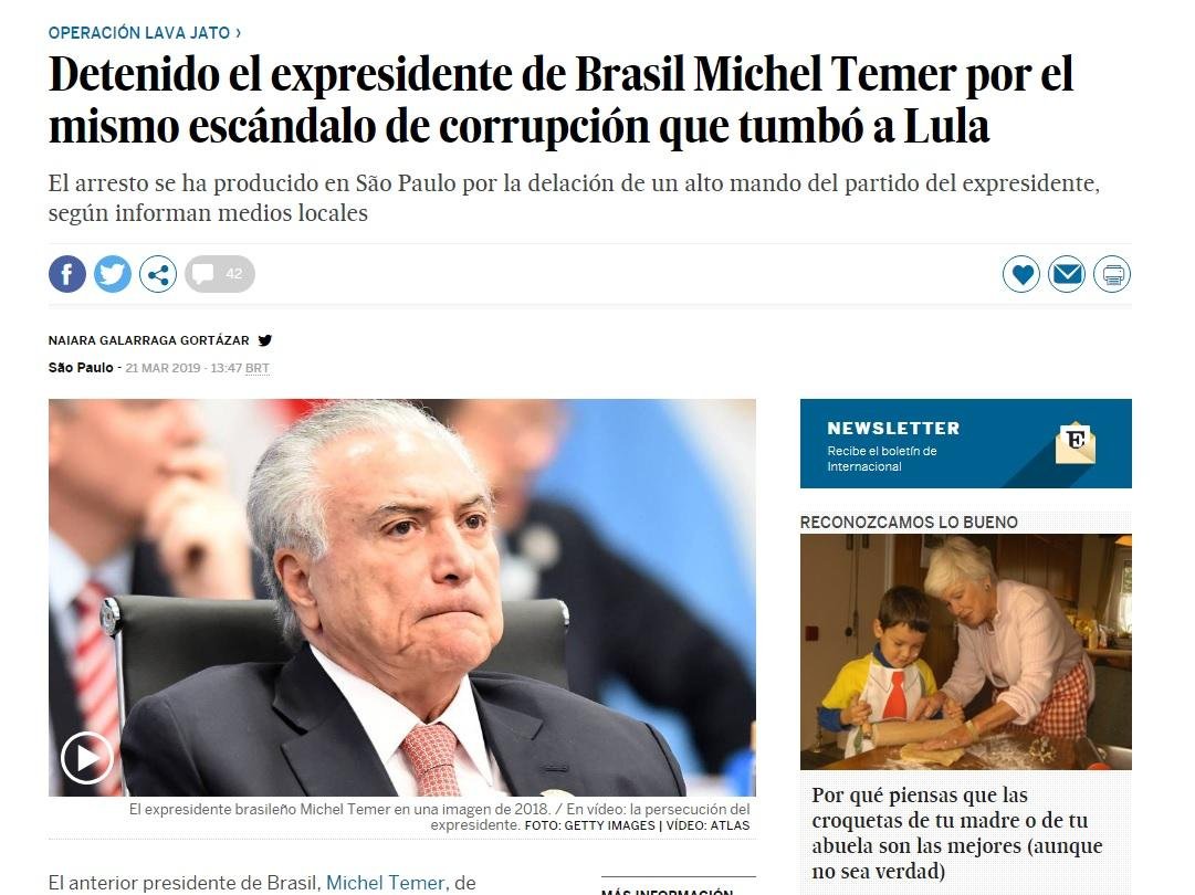 Jornal El Pa&iacute;s, da Espanha, deu destaque para a pris&atilde;o de Michel Temer
