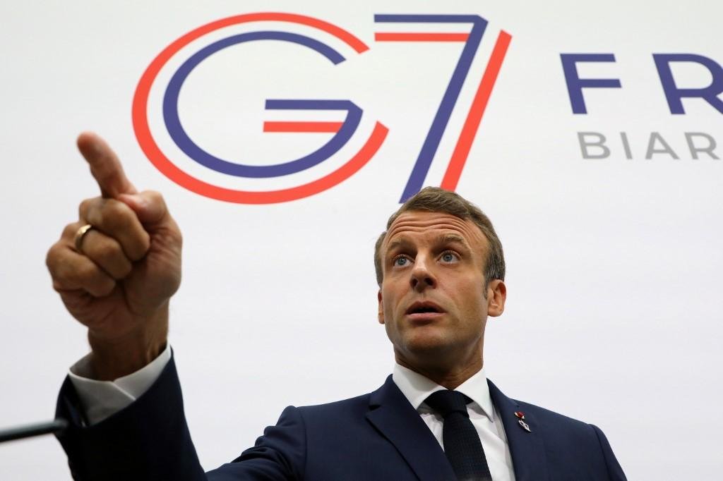 Macron em coletiva de imprensa ap&oacute;s plen&aacute;ria do G7