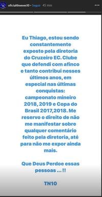 Thiago Neves se manifestou via Instagram