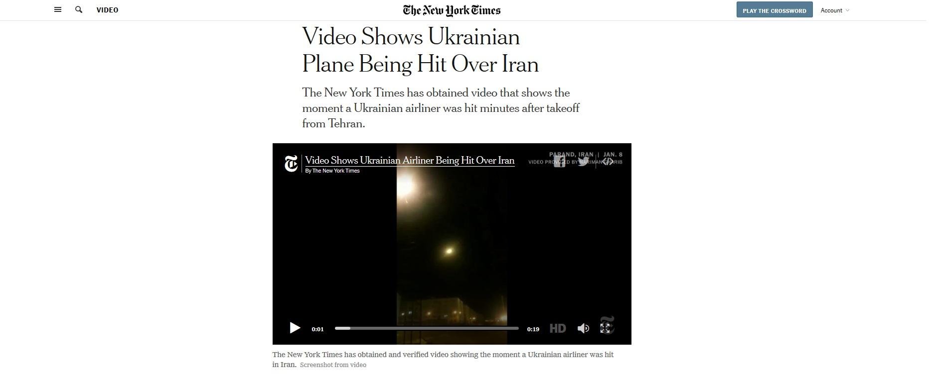 Jornal dos EUA publicou v&iacute;deo que seria de m&iacute;ssil atingindo o avi&atilde;o