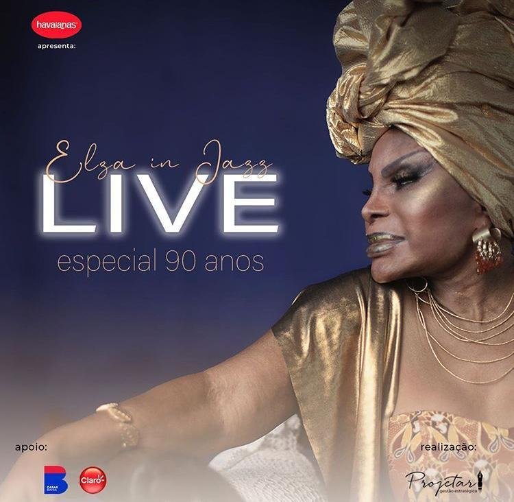 Comemorando seus 90 anos, Elza Soares far&aacute; uma live super especial, &agrave;s 21h, em seu canal do YouTube