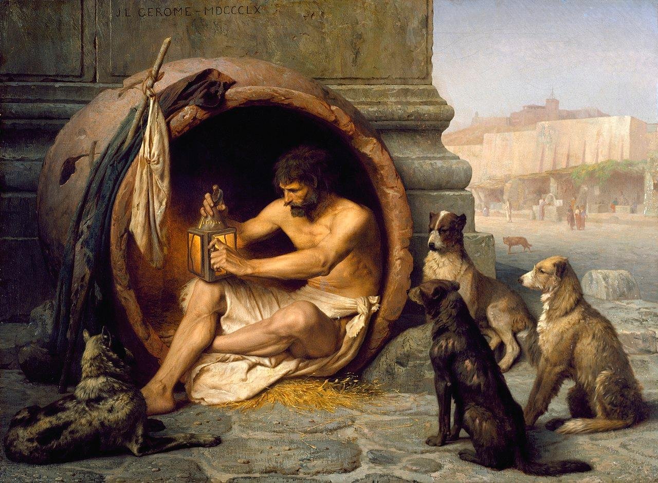 Di&oacute;genes sentado em seu barril cercado por c&atilde;es. Pintura de Jean-L&eacute;on G&eacute;r&ocirc;me de 1860.
