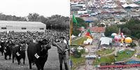 À esquerda, desfile da primeira Expointer, em 1972, dois anos depois da inauguração do parque e, à direita, o parque atualmente