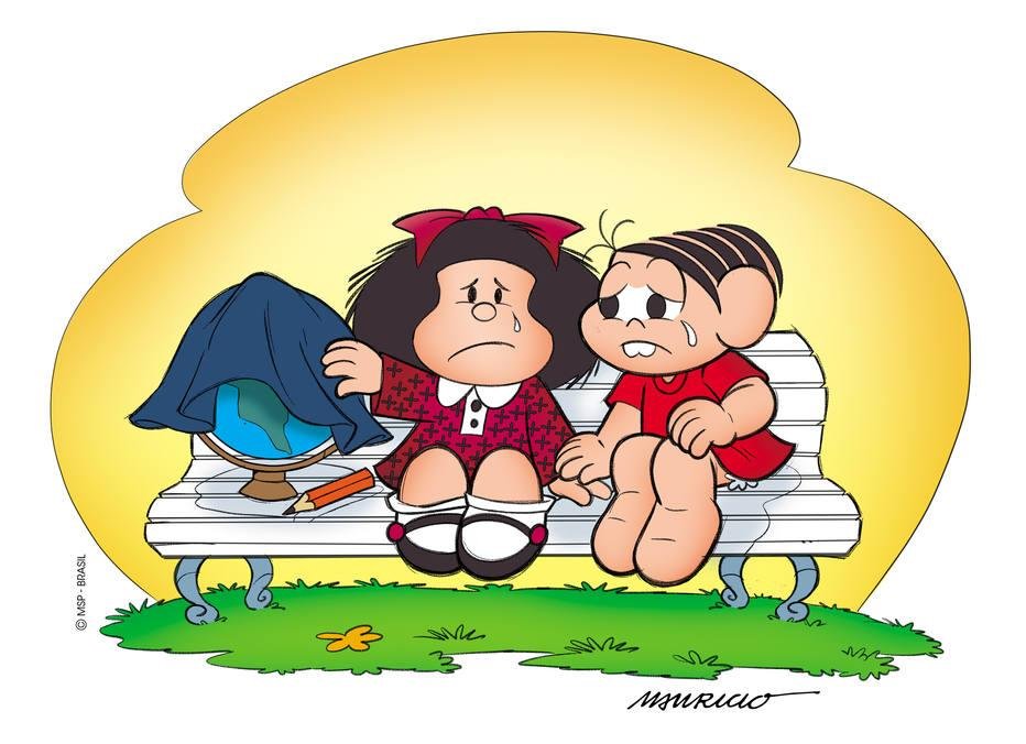 M&ocirc;nica e Mafalda est&atilde;o sentadas em um banco ao lado de um globo terrestre - e ambas choram pela morte de Quino
