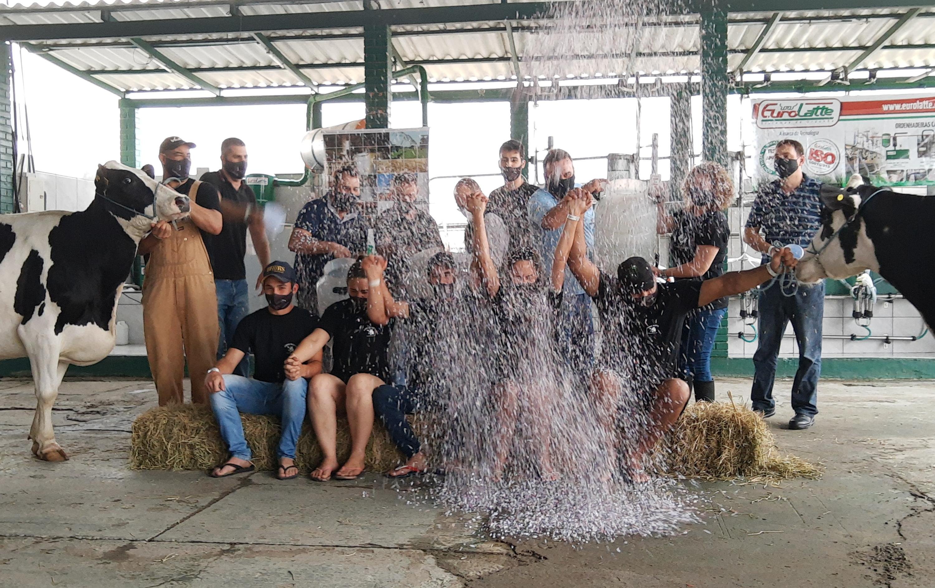 Criadores das vacas vencedoras receberam "chuva" de confetes ao inv&eacute;s do banho de leite