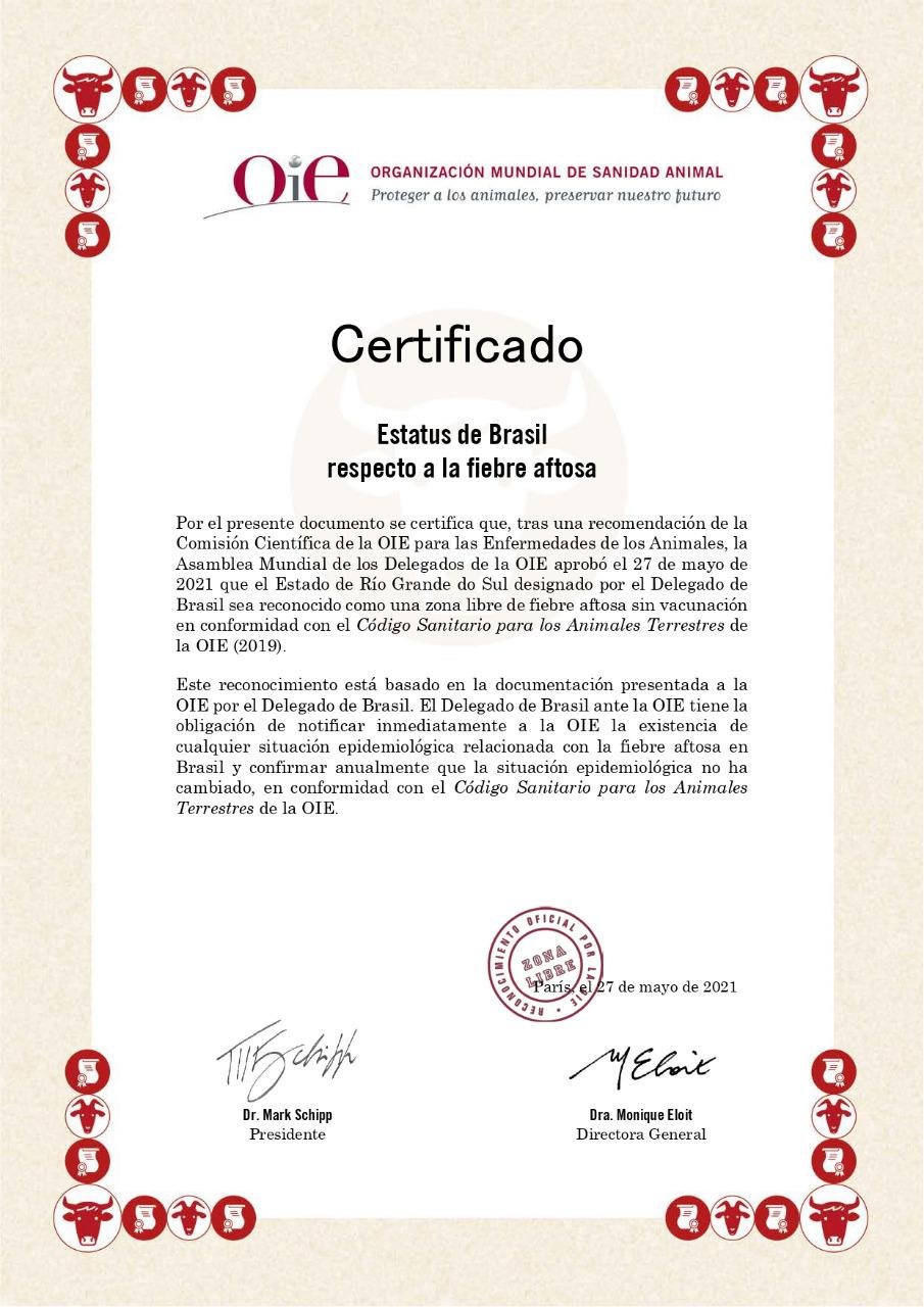 Certificado do Rio Grande do Sul foi recebido na quinta-feira pelo Mapa e enviado ao governo estadual por email