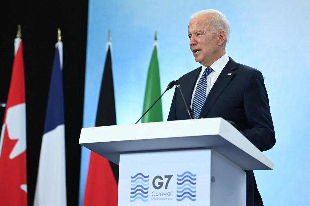 Joe Biden em pronunciamento no t&eacute;rmino da reuni&atilde;o do G7 neste domingo