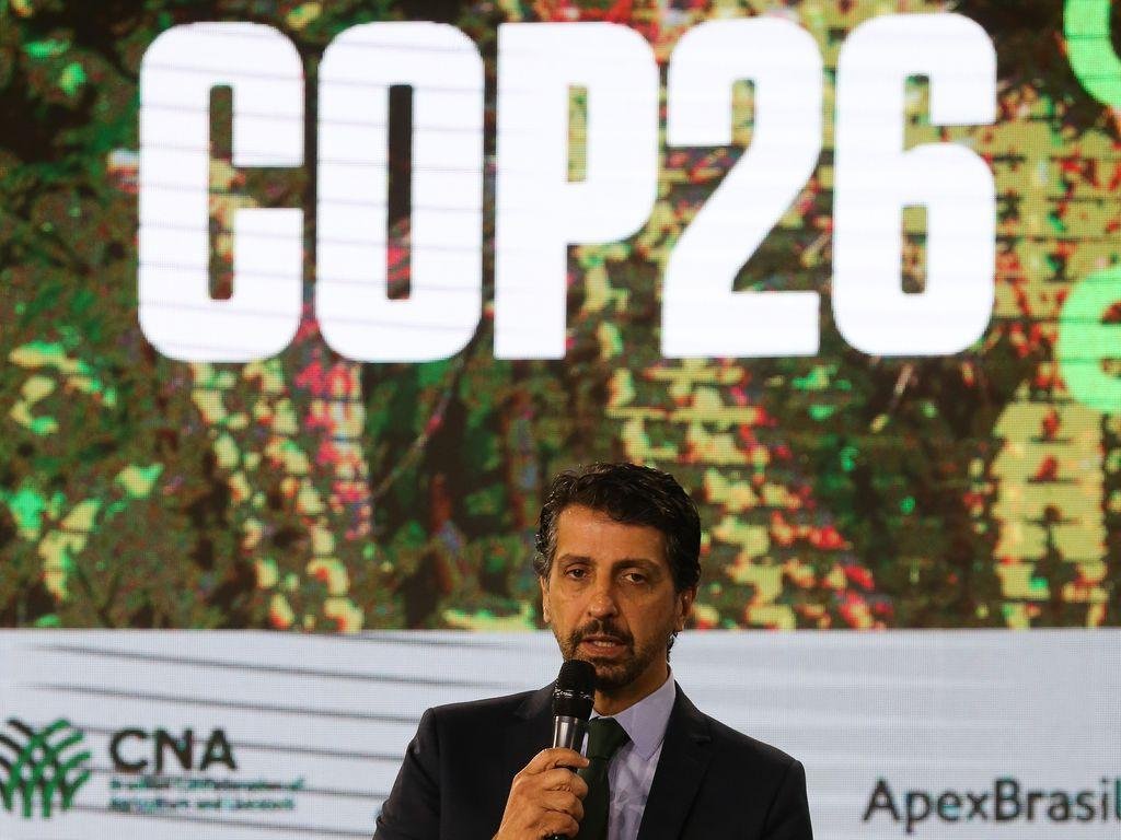 Ministro do Meio Ambiente, Joaquim Leite, em pronunciamento virtual exibido na COP26