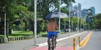 Ciclista passou pela ciclovia carregando um guarda-chuva aberto enquanto pedalava
