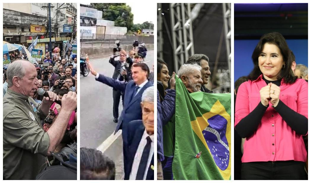 Ciro Gomes, Jair Bolsonaro, Lula e Simone Tebet durante atos de campanha