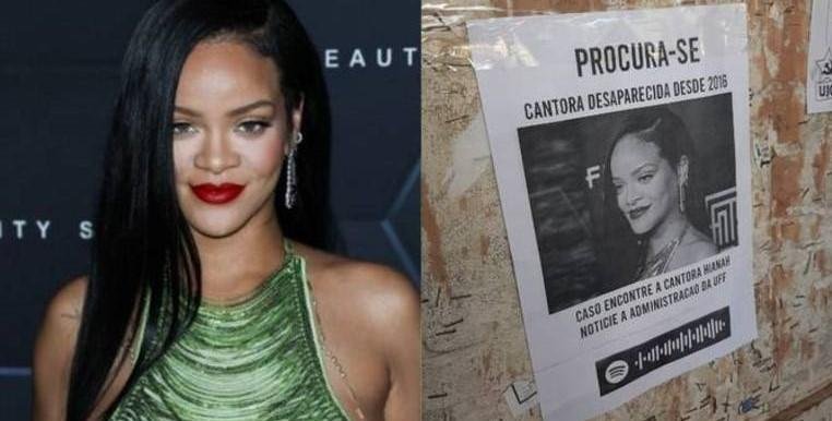 Cartaz feito pelos f&atilde;s de Rihanna para reclamar do sumi&ccedil;o da cantora