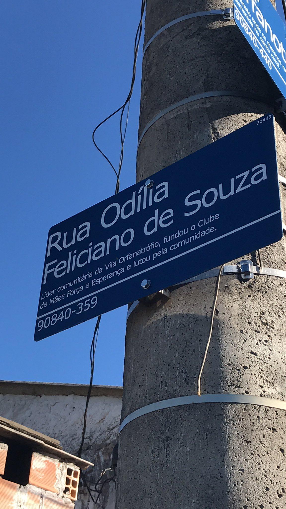 Rua no Orfanotr&oacute;fio 1 &eacute; nomeada de Od&iacute;lia Feliciano de Souza, l&iacute;der comunit&aacute;ria