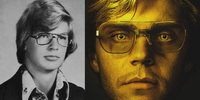 Jeffrey Dahmer em uma foto colegial, no ano de 1978 (à esquerda) e imagem da divulgação do filme Netflix (à direita)