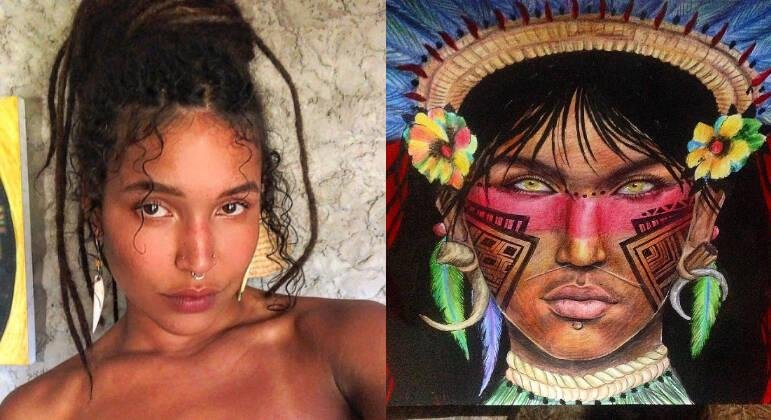 Amanda Mawe, a Cabocla, e uma das obras da artista