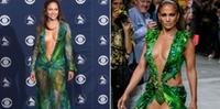 Vestido de J.Lo causou comoção na internet, em 2000 (esquerda) e 2019 (direita)