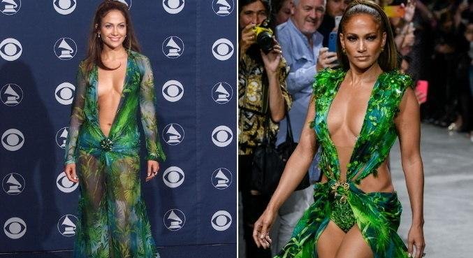 Vestido de J.Lo causou como&ccedil;&atilde;o na internet, em 2000 (esquerda) e 2019 (direita)